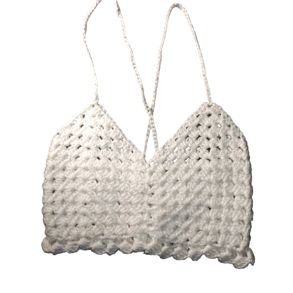 Crochet Shiny White Halter Top Handmade